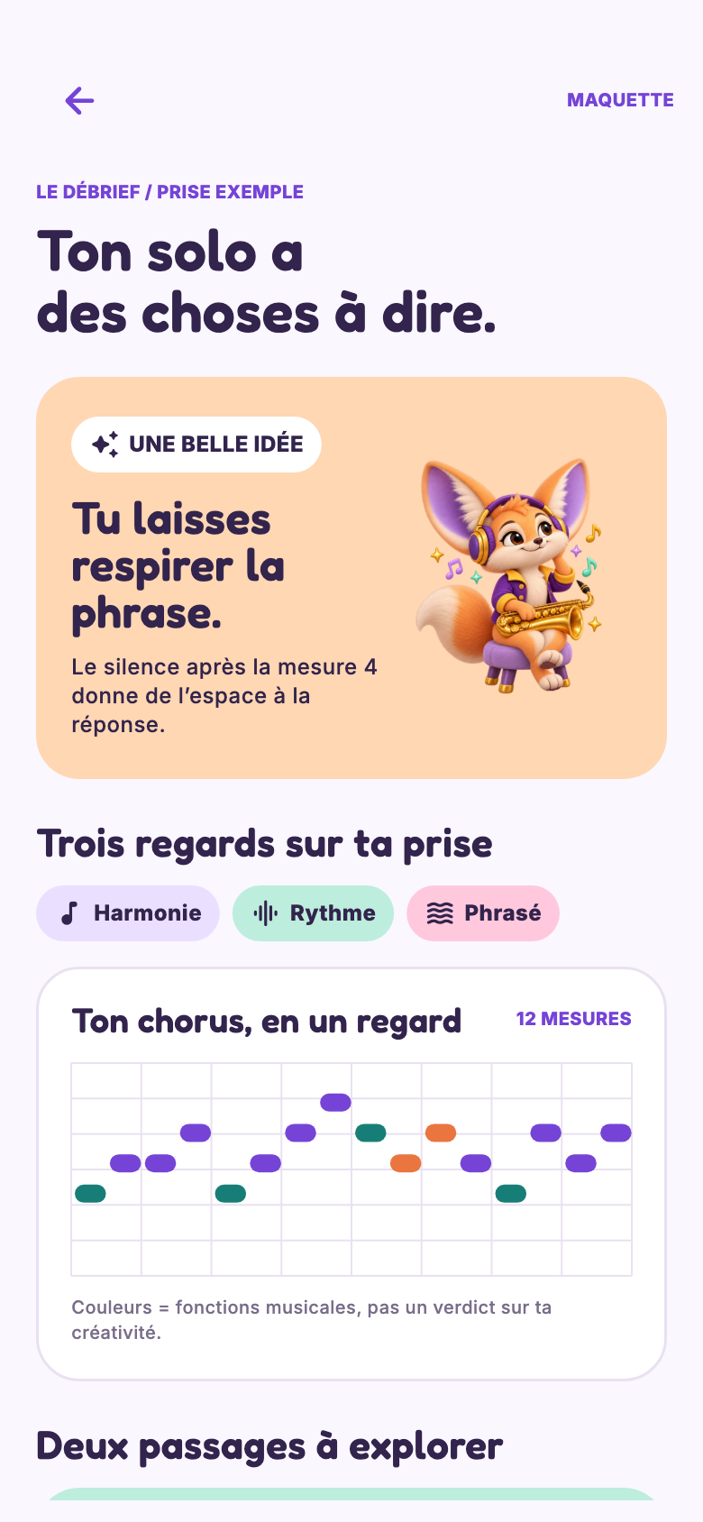 Maquette : débrief du solo avec repères harmoniques, rythme et phrasé